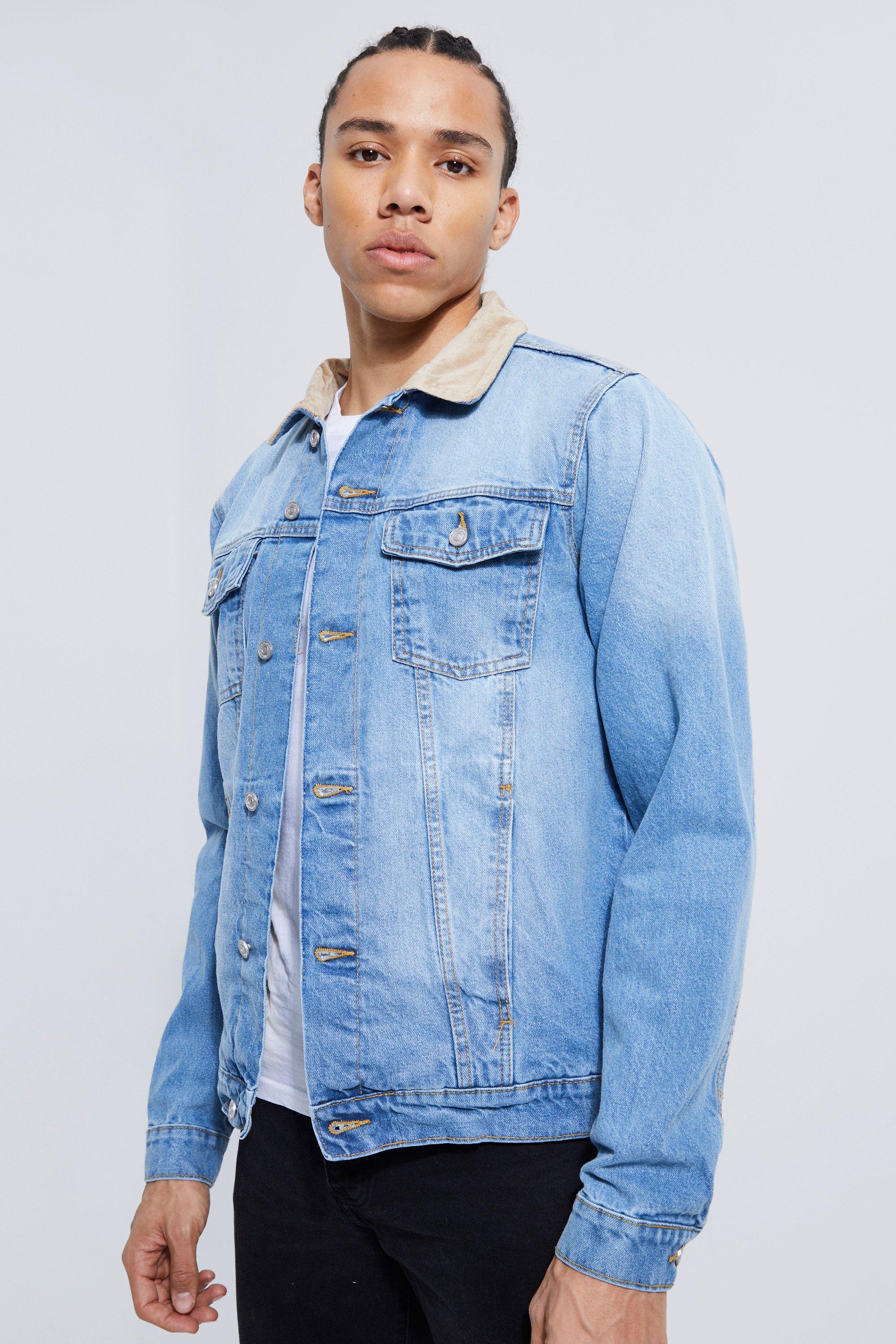 Tall Borg Lined Cord Collar Jean Jacket boohooMAN USA